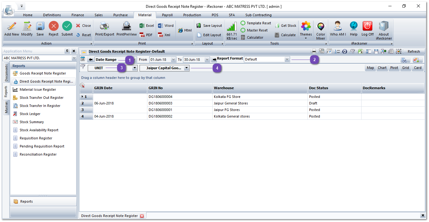 Direct Goods Receipt Note Register