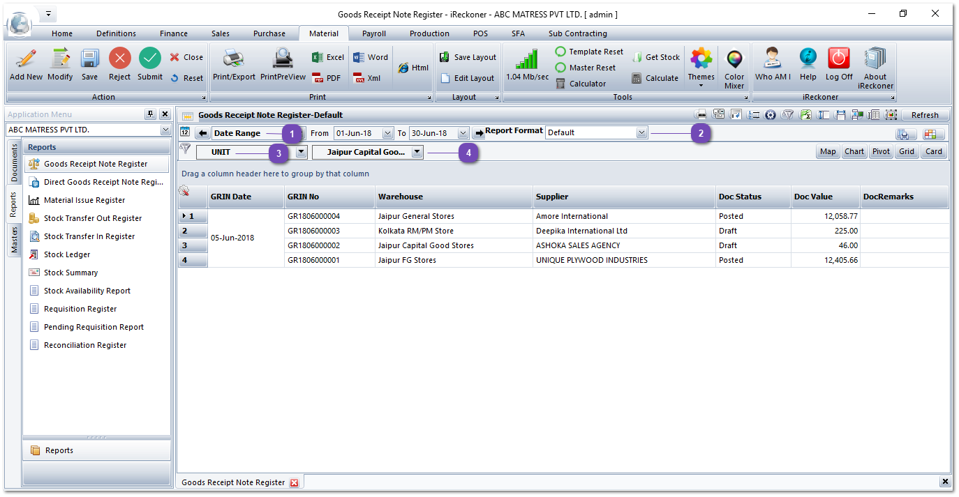 Goods Receipt Note Register