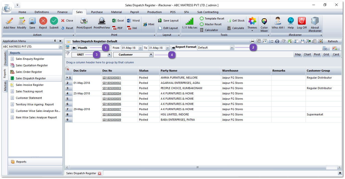 Sales Dispatch Register